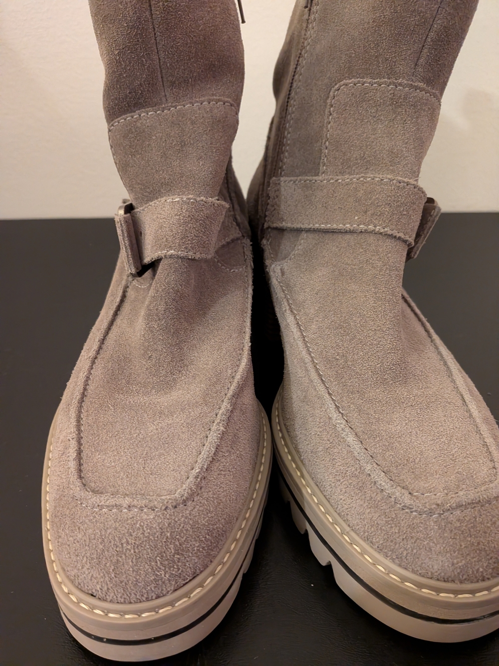 Bernardo Sonja Women's Suede Buckle Boots in Taupe Gray Size 9M